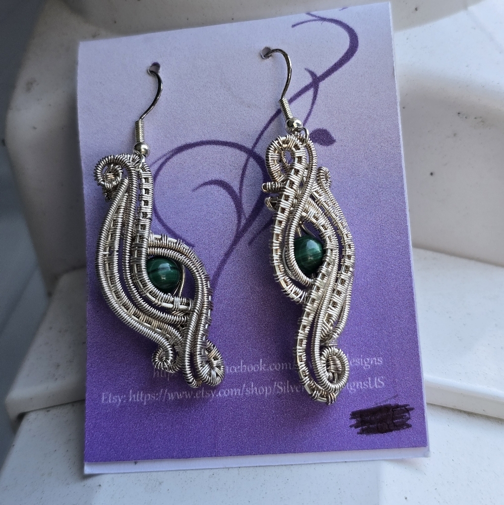 Sterling Silver Wire Wrapped Malachite Earrings